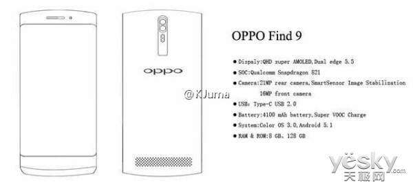 OPPO Find 9渲染图爆光 或新增彩色呼吸灯