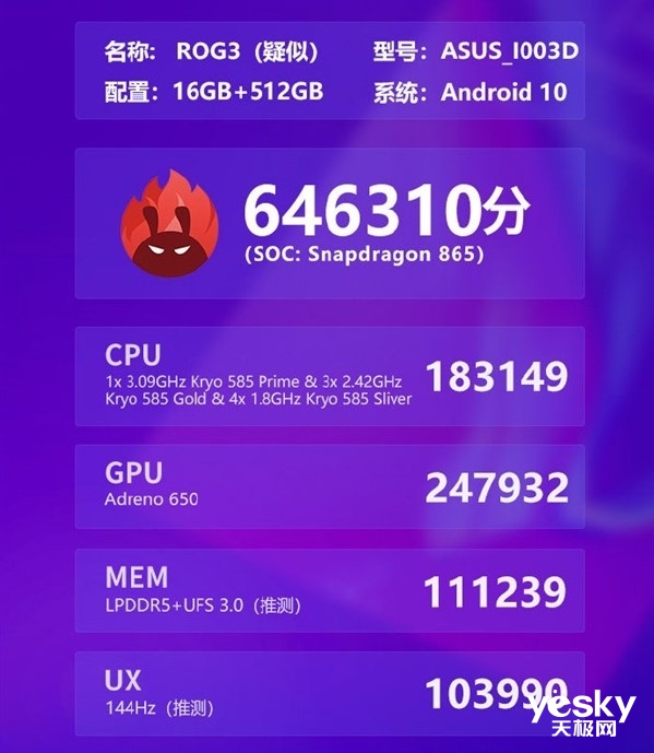 骁龙865 plus现身rog phone3,安兔兔跑分64.6万